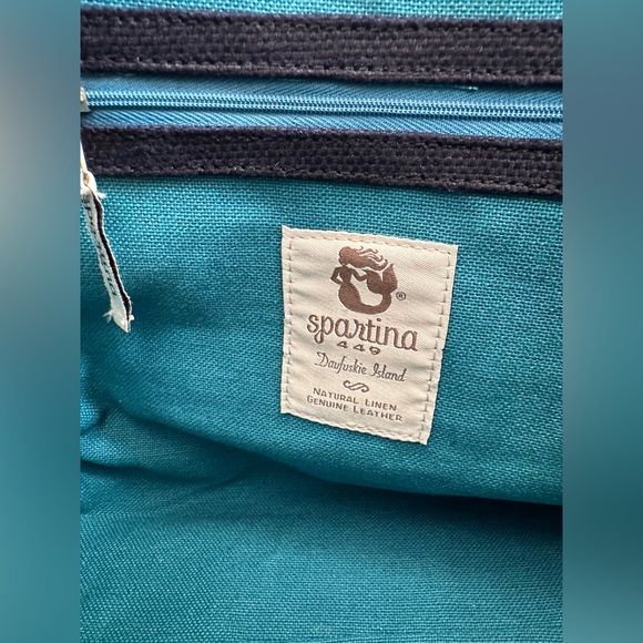 New Spartina 449 Mareena Avery Navy/Tan Leather/ Natural Linen Tote Purse - Picture 8 of 13